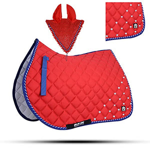 Numnah Saddle Pads with Matchy Bonnet Set With Jewel / Saddle Pad (Full, Red)